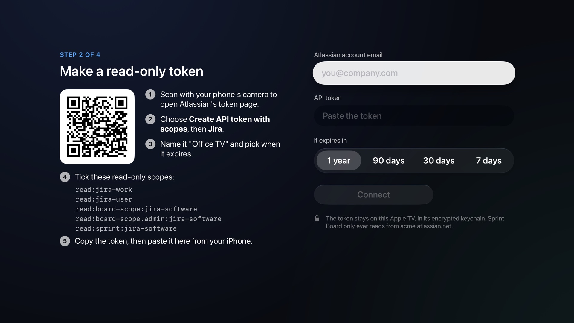 Setup: a QR code opens Atlassian's token page on a phone, beside fields for the email and the read-only token.